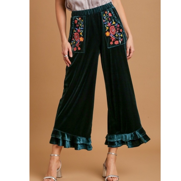 "The Eloise" Green Velvet Wide Leg Pants with Embroidery Detail - Picture 5 of 5